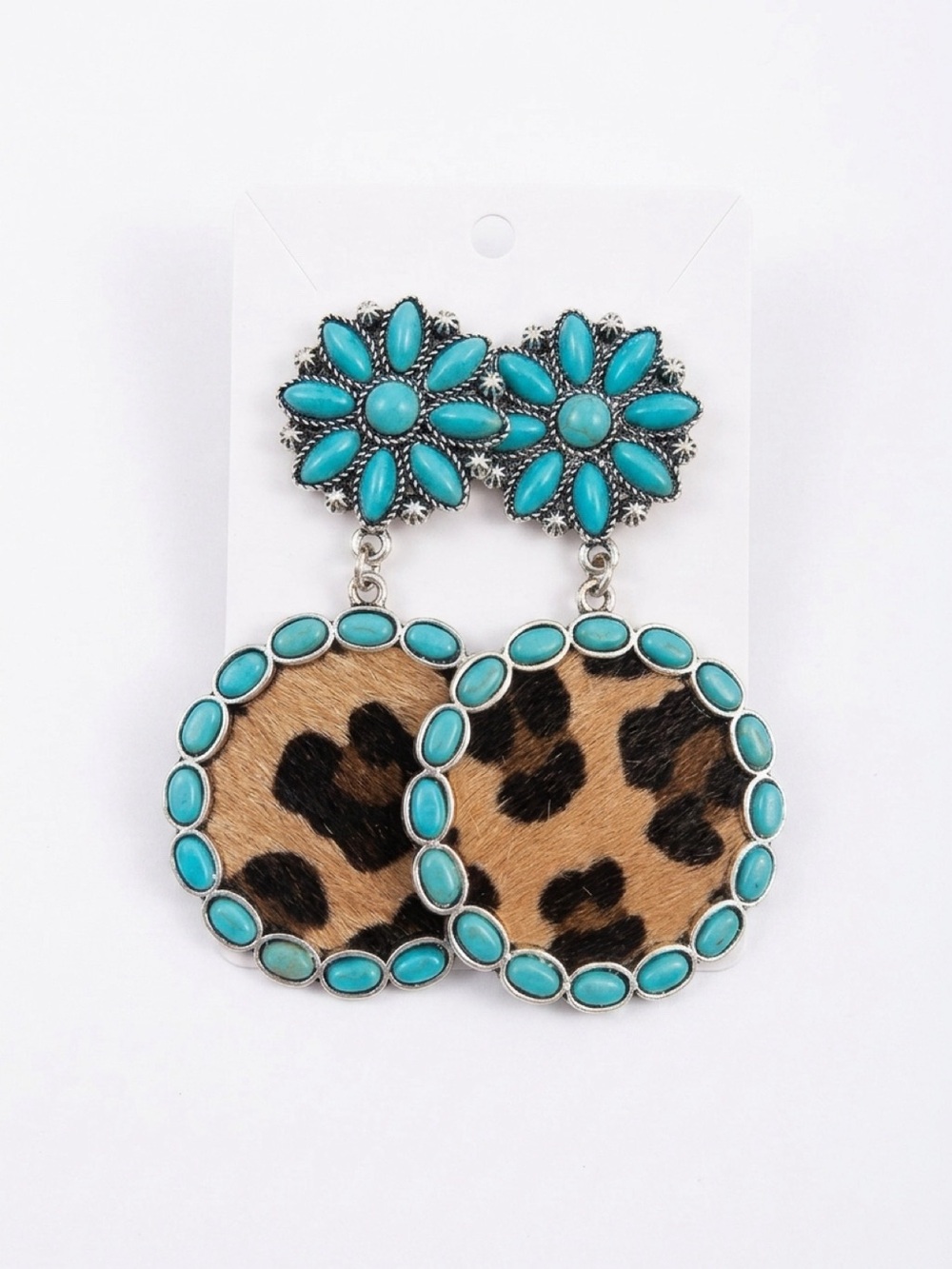 Fashion Jewelry Turquoise Floral & Leopard Print Drop Earrings